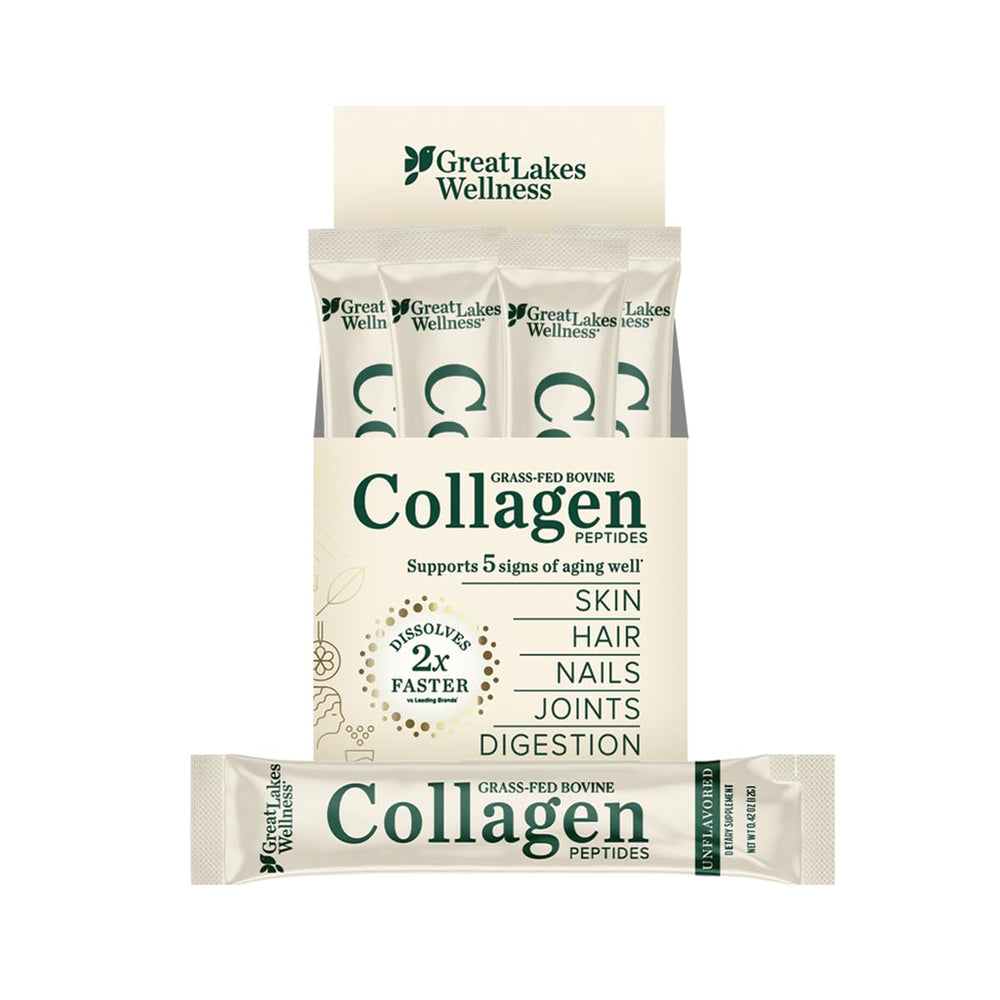 Great Lakes Wellness collagen peptides stick-pack front view for daily beauty routine.
