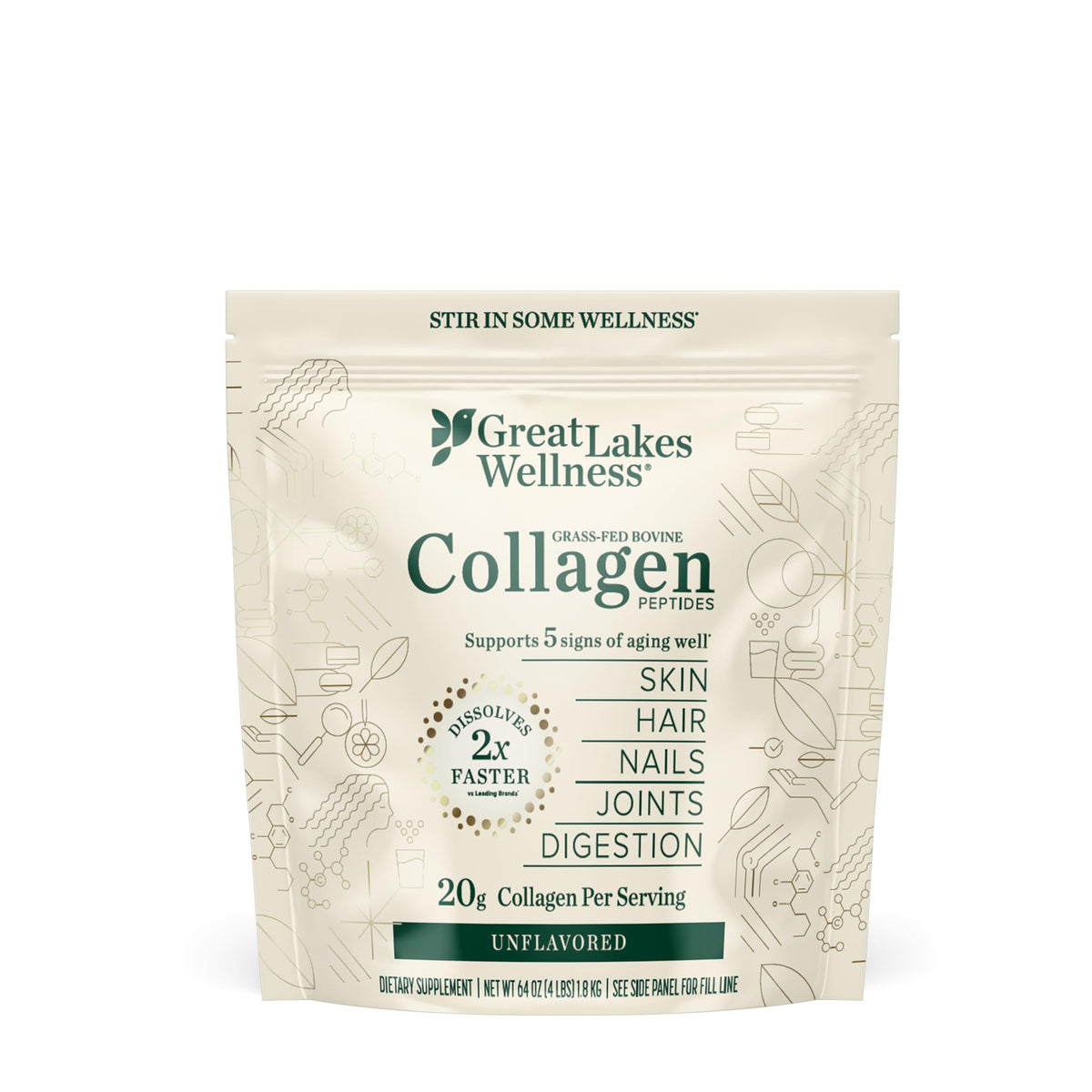 Great Lakes Wellness collagen peptides bottle with unflavored powder ready to mix for daily skincare.