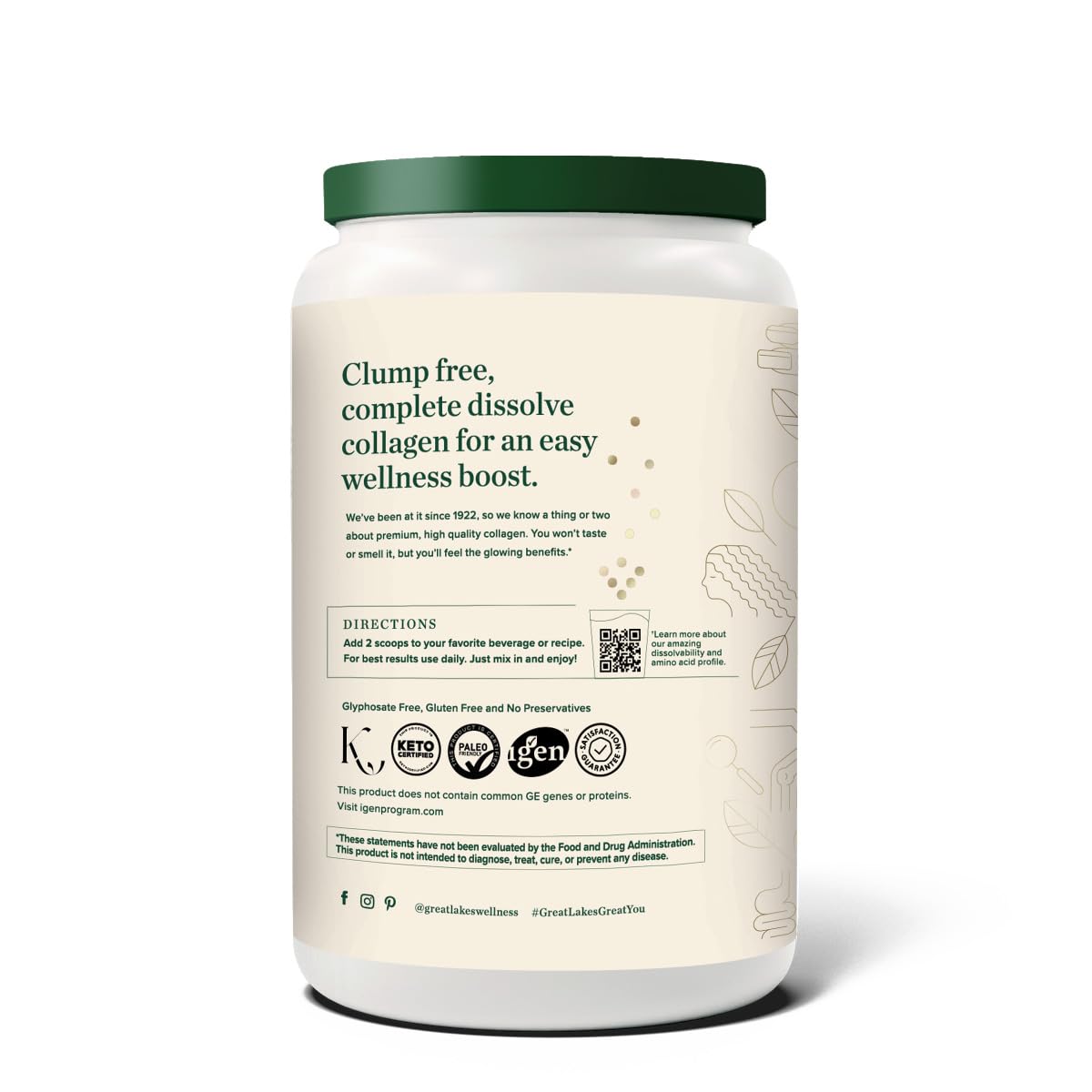 Great Lakes Wellness collagen scoop measuring a 20 g serving