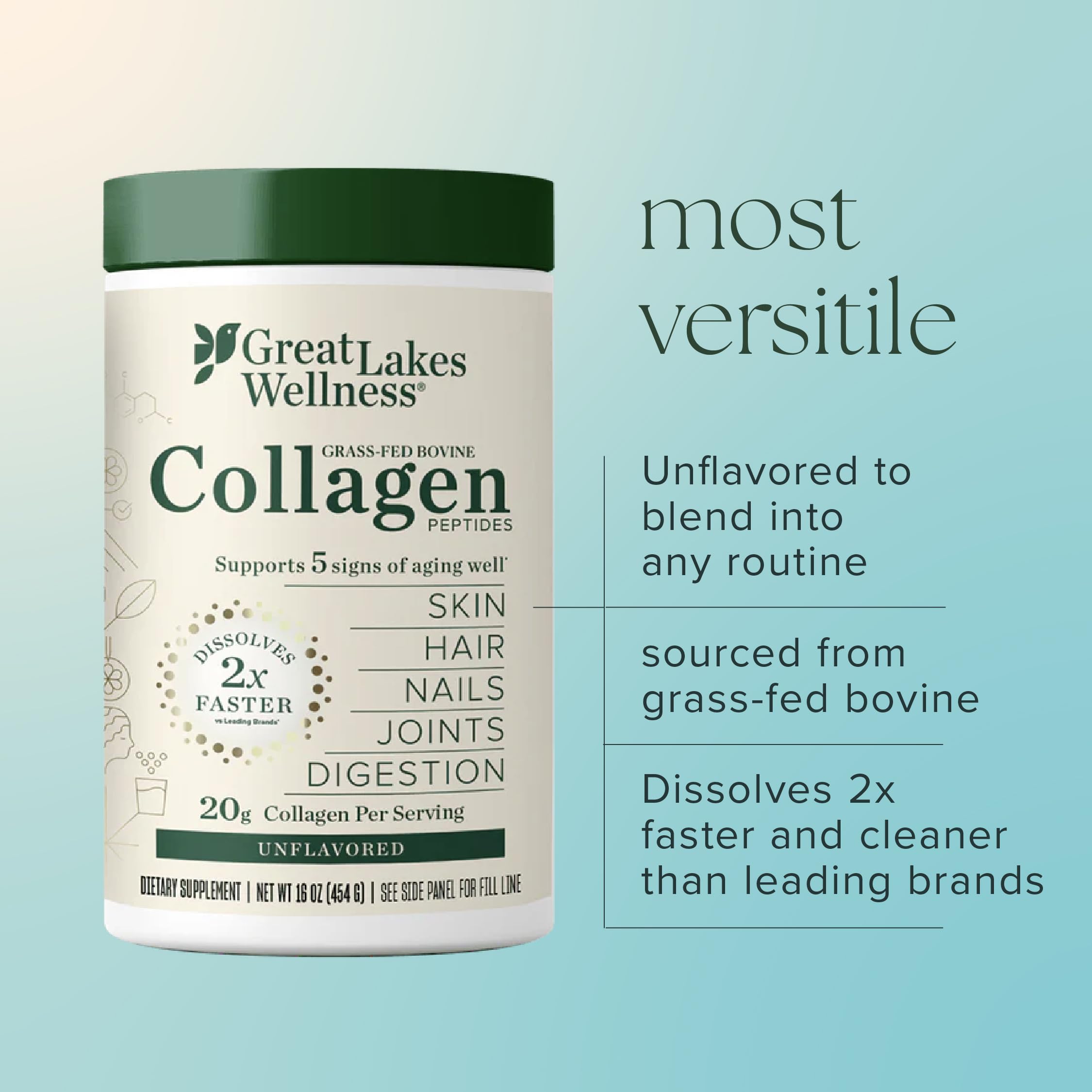 Great Lakes Wellness collagen powder quickly dissolves in hot or cold liquids