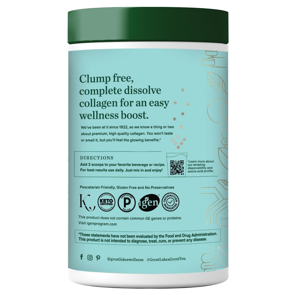 Great Lakes Wellness marine collagen bottle back label shows sustainability and ingredients