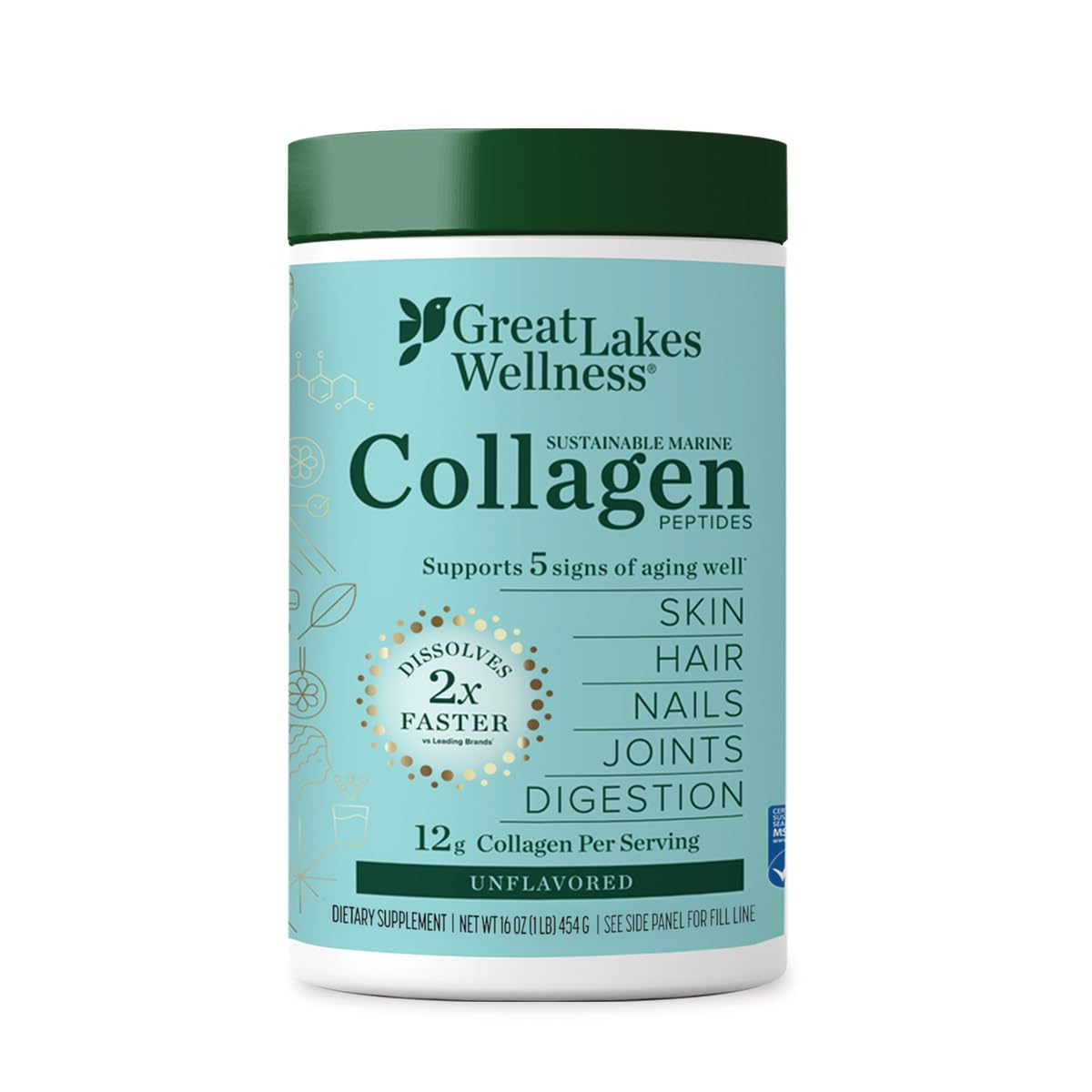 Great Lakes Wellness marine collagen bottle front view for daily beauty support