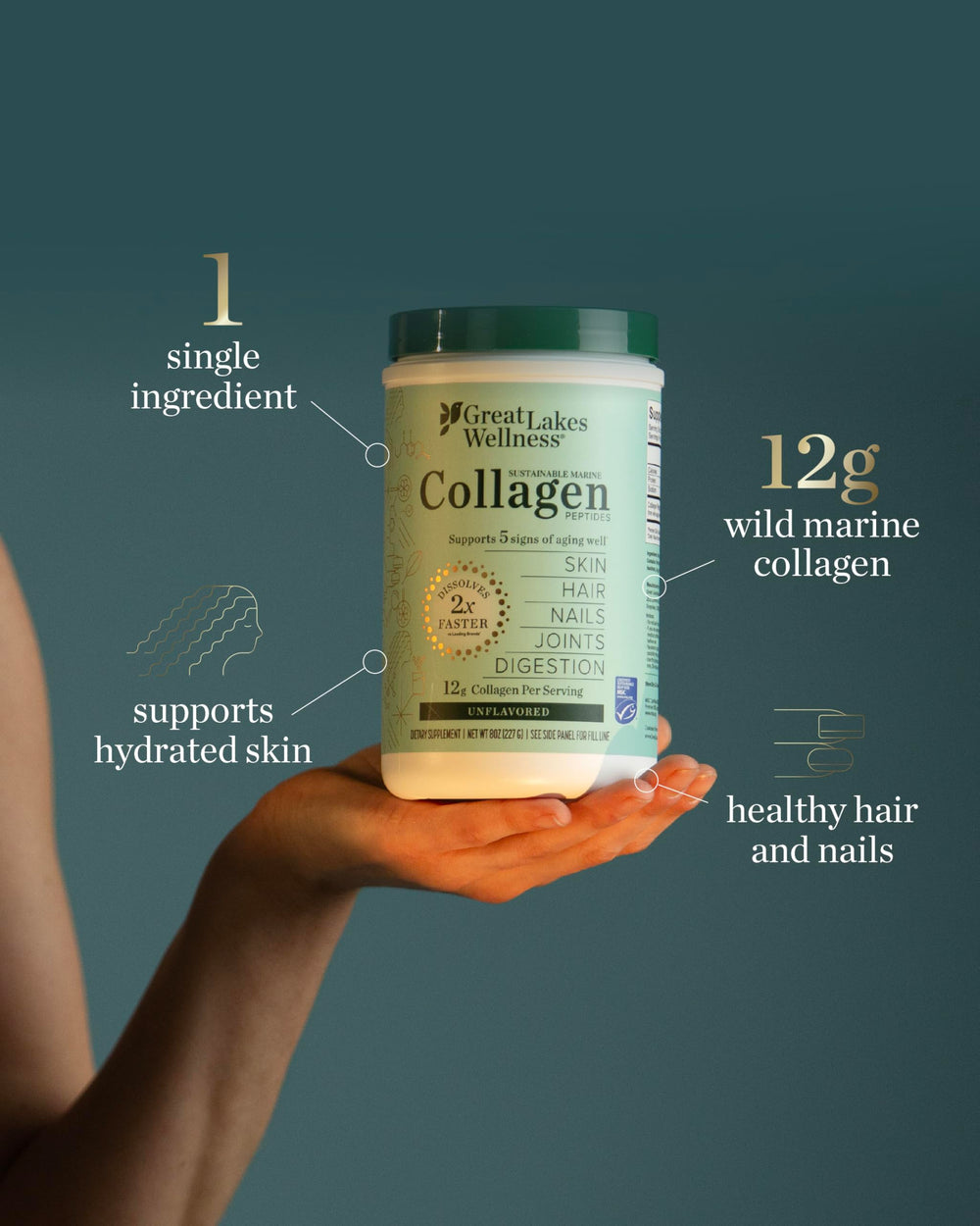 Great Lakes Wellness marine collagen powder dissolving in hot beverage