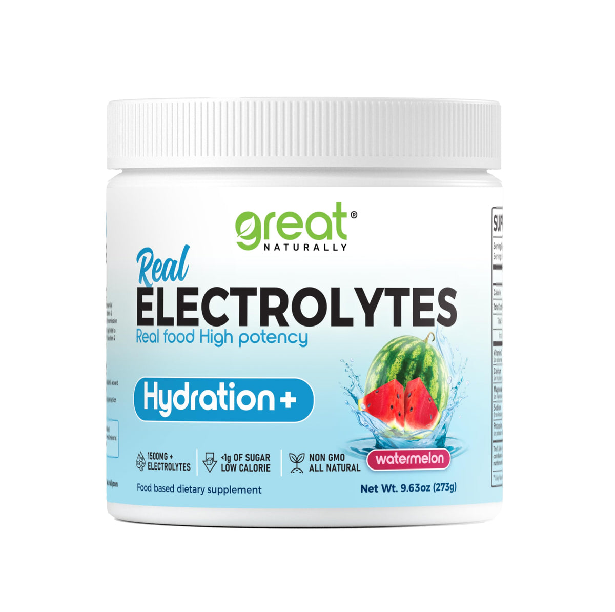 Great Naturally electrolytes powder tub with watermelon flavor for high-potency hydration