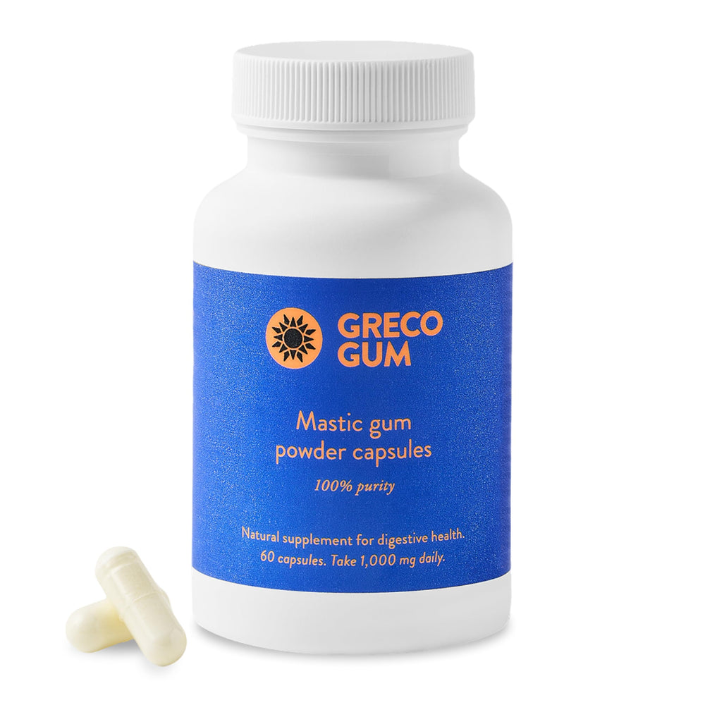 Greco Gum Mastic capsules bottle ready for daily digestive support