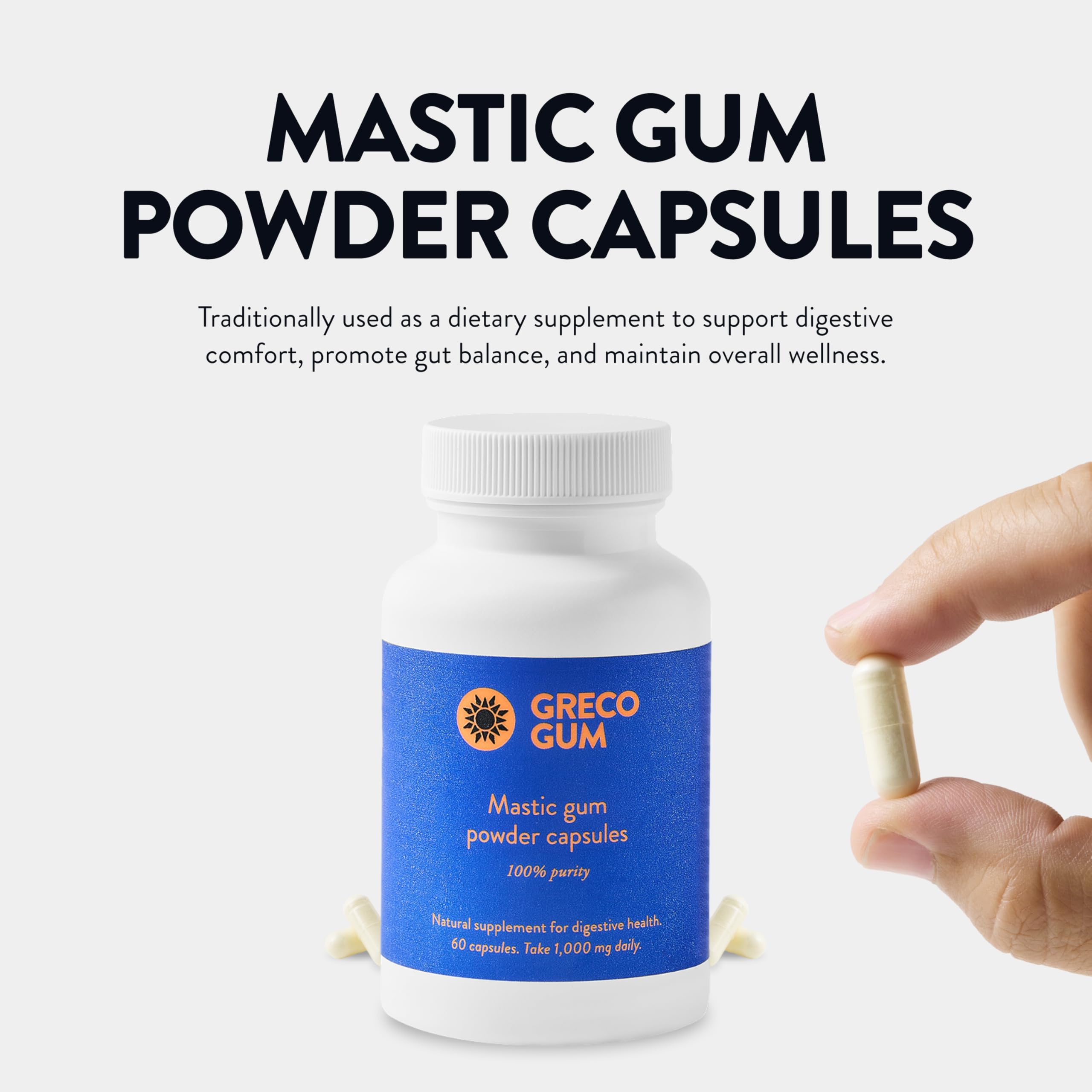 Close-up of Greco Gum Mastic capsules showing convenient daily use