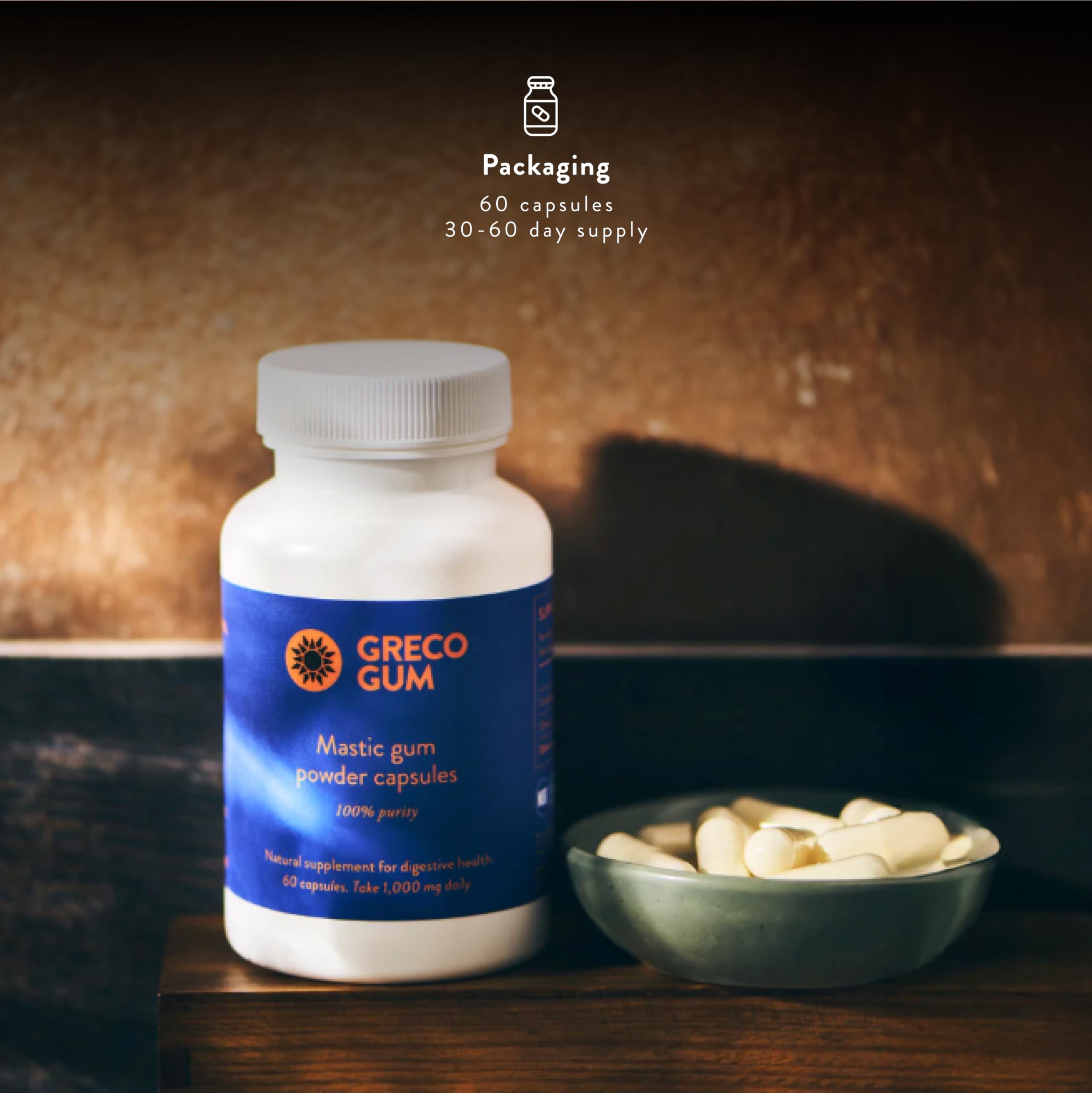 Greco Gum Mastic packaging box highlighting pure ingredients