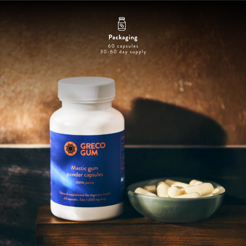 Greco Gum Mastic packaging box highlighting pure ingredients