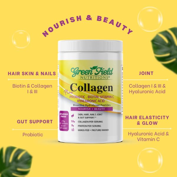 Green Field Nutritions Halal Collagen Powder back label lists probiotic and vitamin C benefits.
