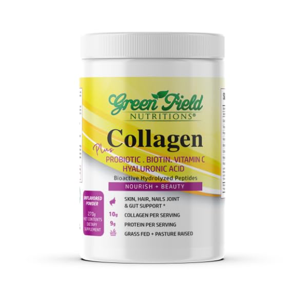 Green Field Nutritions Halal Collagen Powder tub front highlights high protein formula.