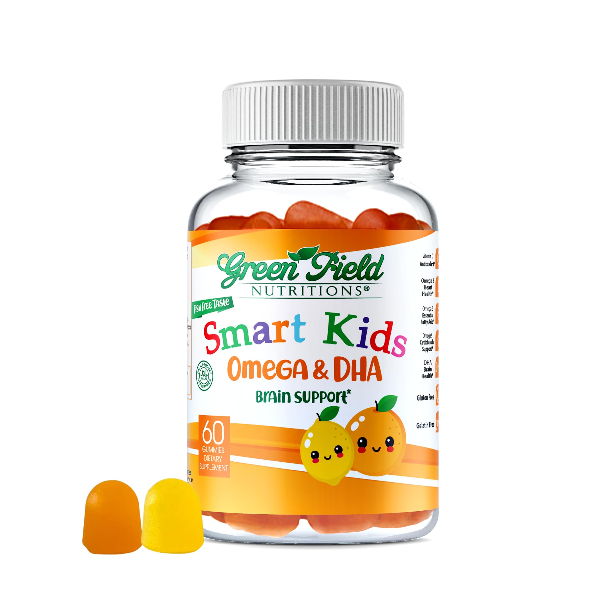 Green Field Nutritions Smart Kids gummies bottle on table highlighting daily DHA support
