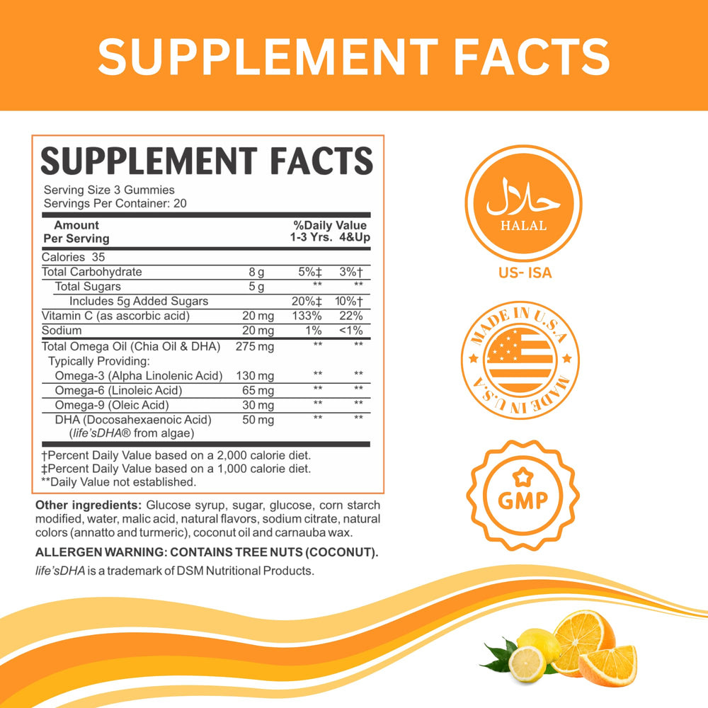 Label highlights DHA and omega-3 benefits on Green Field Nutritions packaging