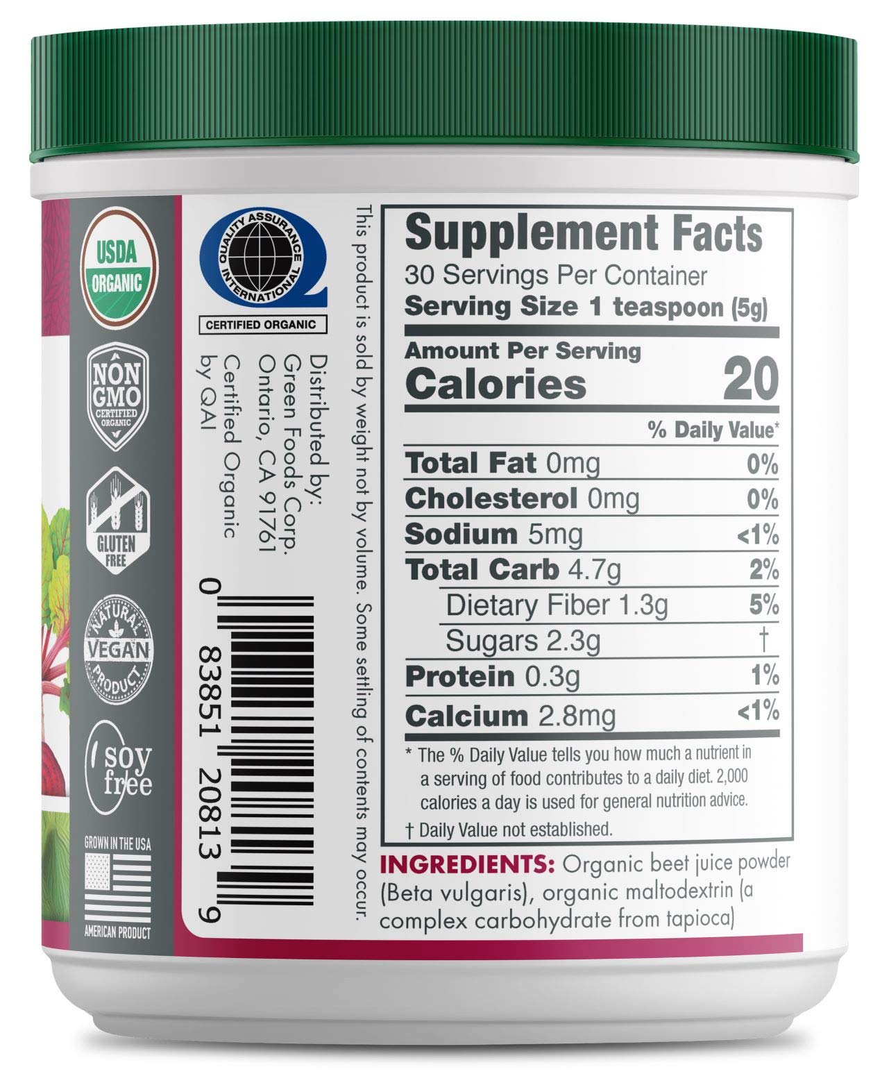Close-up of Green Foods Beet Essence OG2 label, premium beet-derived flavor for recipes