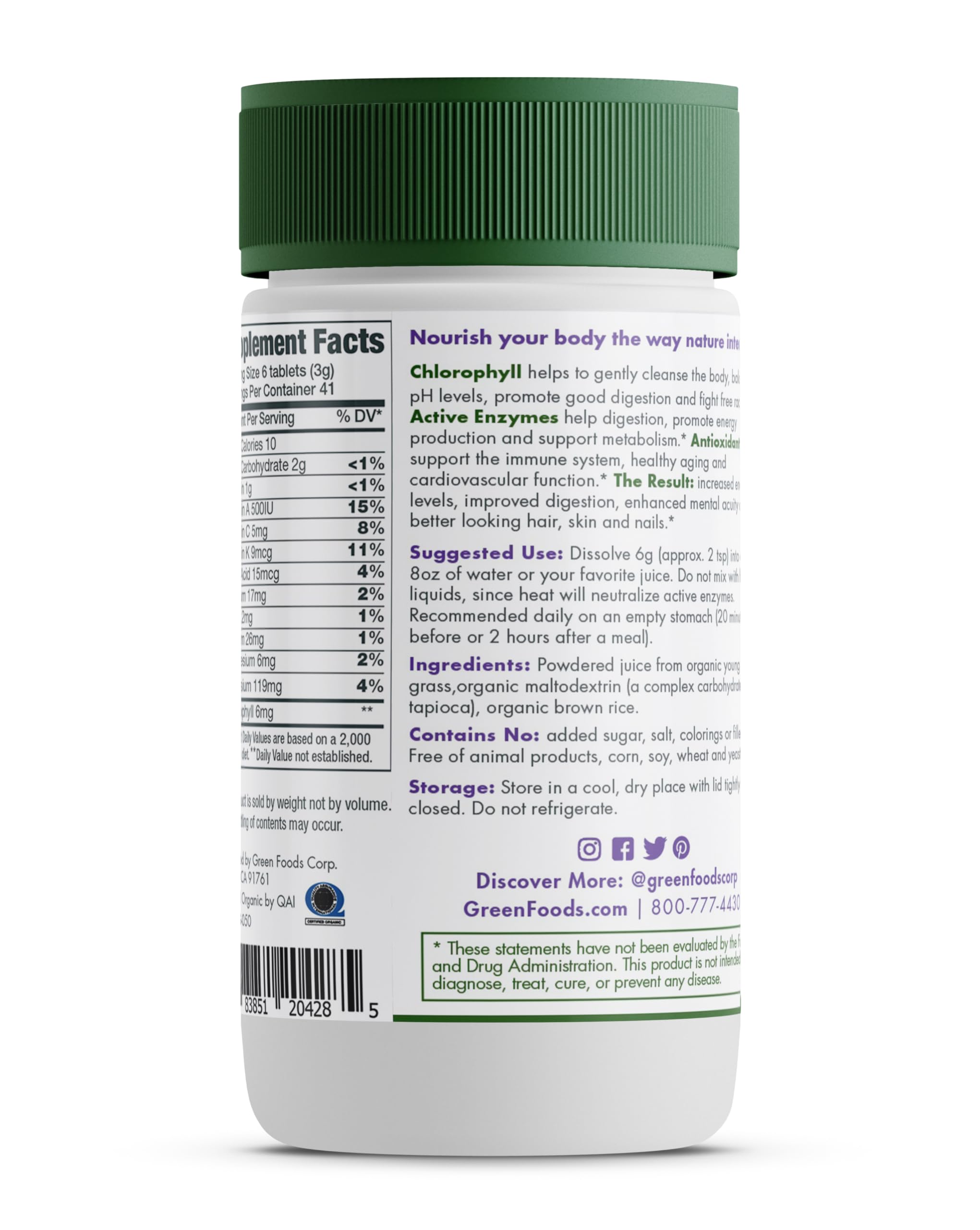 Pack shot of Green Foods Original Green Magma tablets highlighting plant-based nutrition