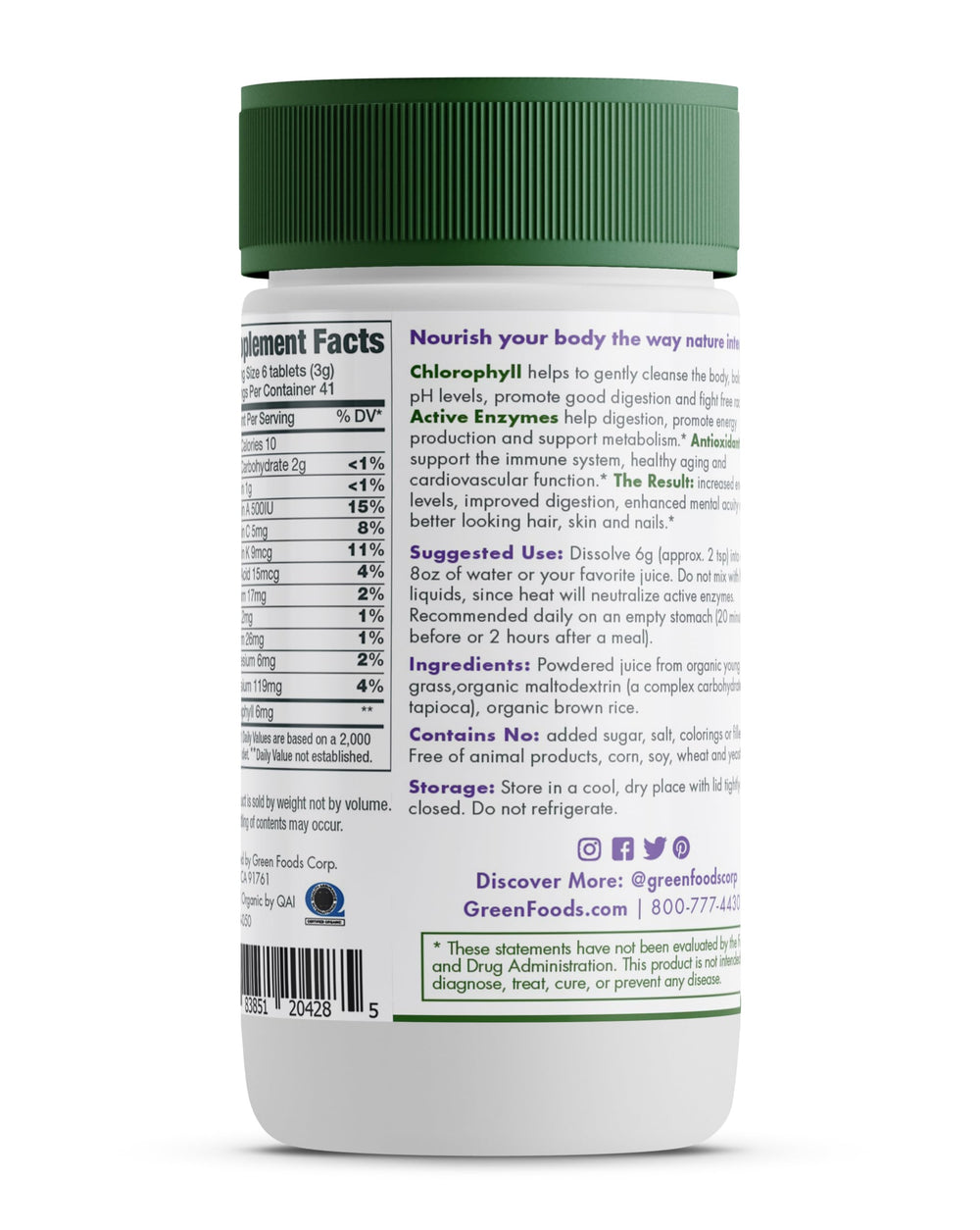 Pack shot of Green Foods Original Green Magma tablets highlighting plant-based nutrition