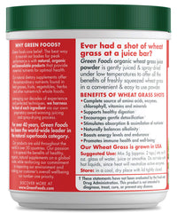 Green Foods Wheat Grass Shot powder pouch showcases high chlorophyll content.