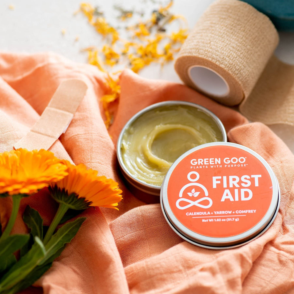 Green Goo in a backpack first aid kit for on-the-go skin care.