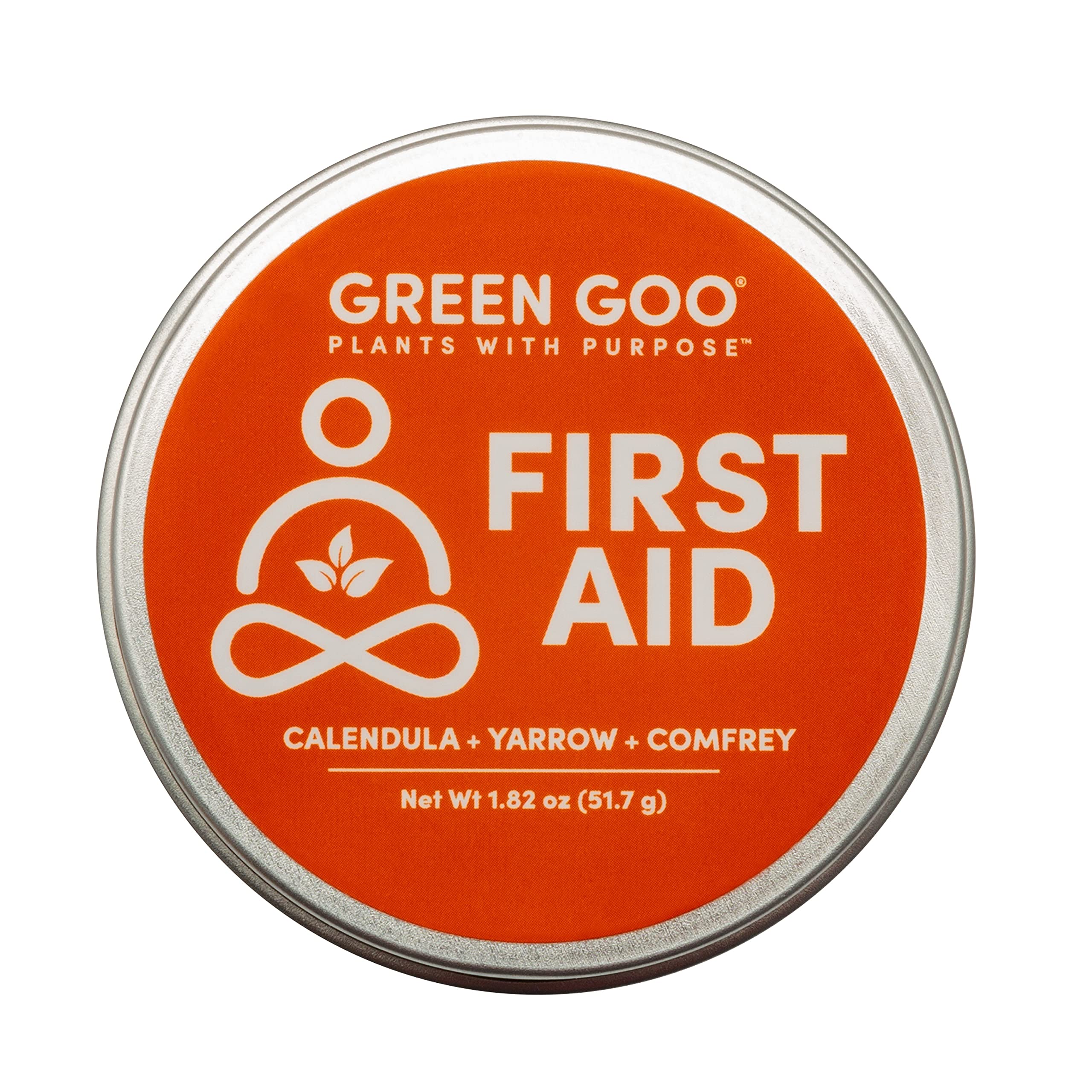 Green Goo tin open showing plant-based salve for quick skin relief.