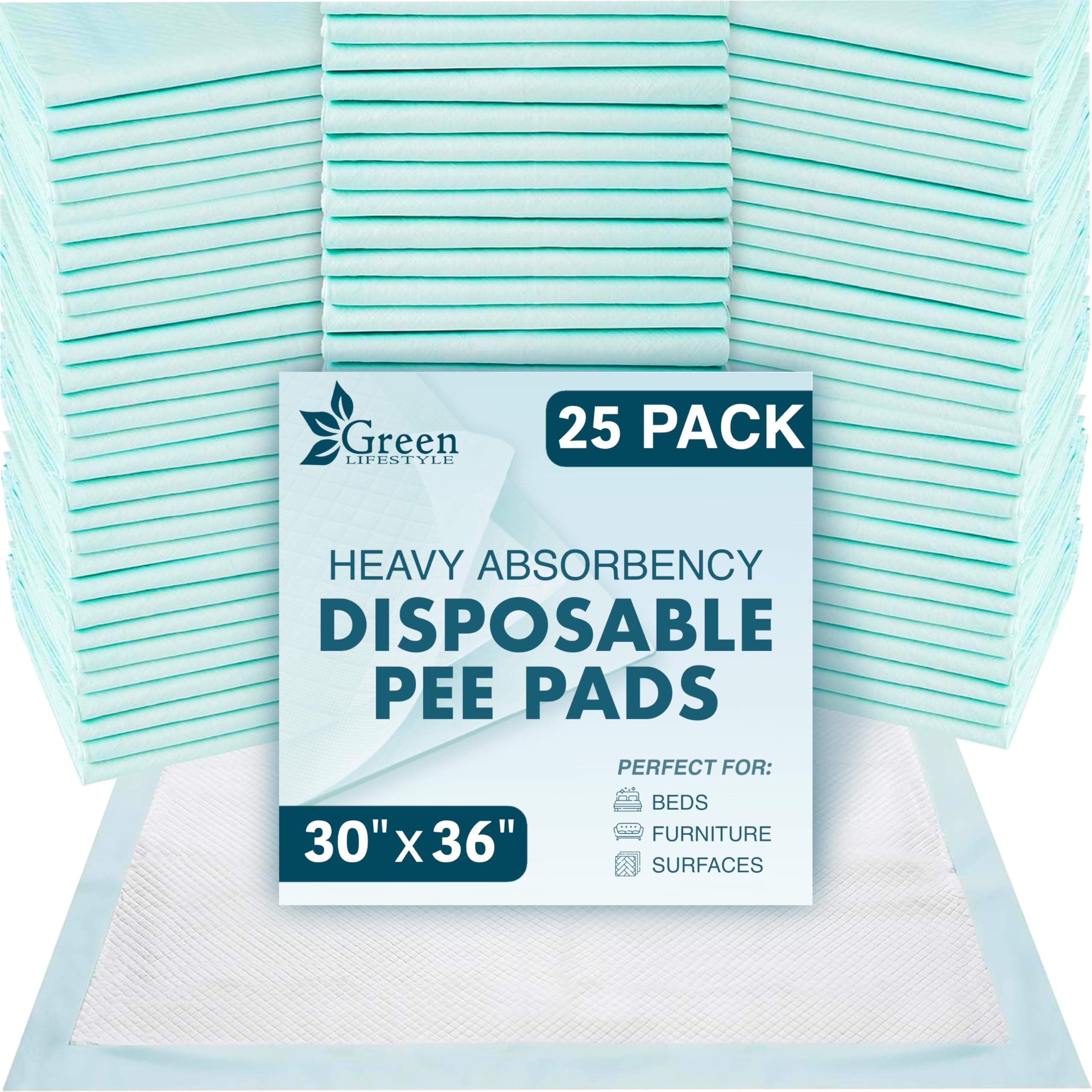 Green Lifestyle underpads packaging, 25-count, convenient home protection