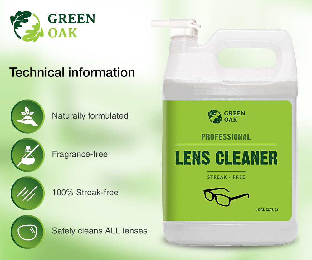 Green Oak gallon bottle refilling eyewear and camera lenses with safe, non-toxic formula.