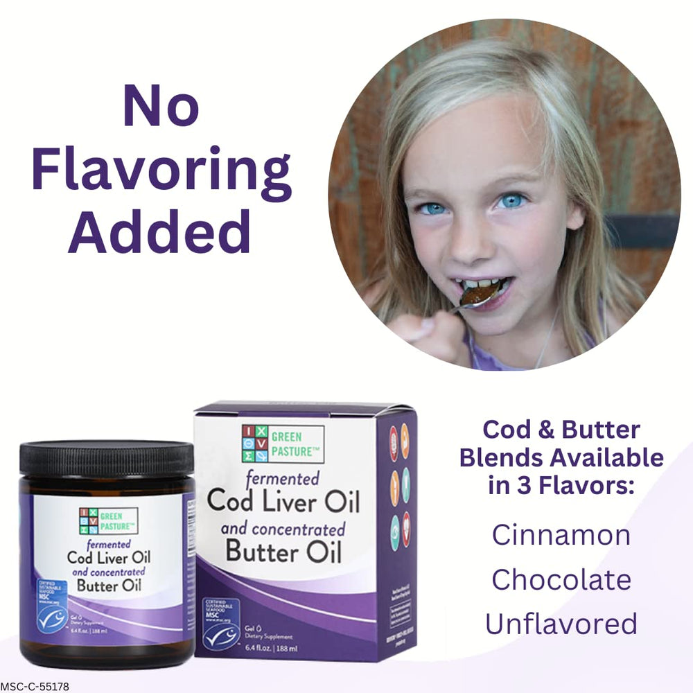 Close-up of Green Pasture label on butter oil and cod liver oil blend