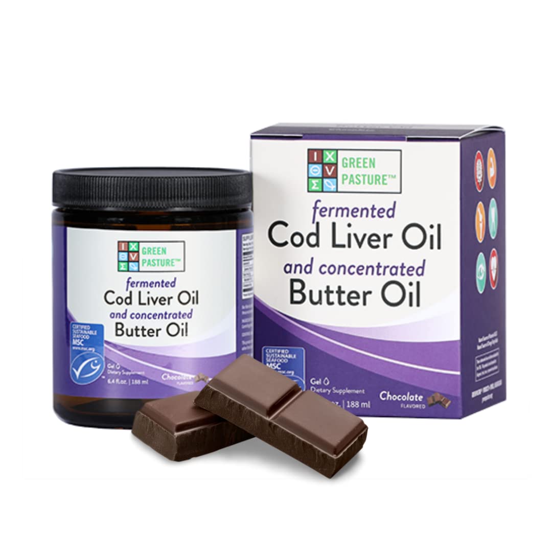 Green Pasture butter oil and cod liver gel bottle for daily nutrient support.