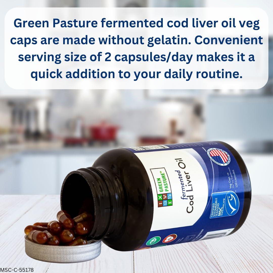 Green Pasture cod liver oil capsules close-up for easy daily supplementation