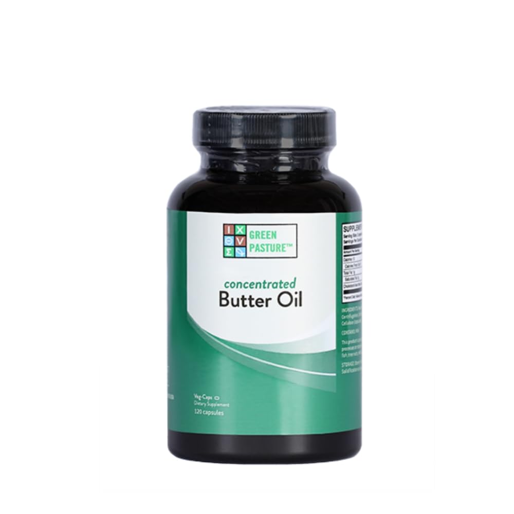 Green Pasture Concentrated Butter Oil Capsules bottle front, showcasing a fresh daily supplement.