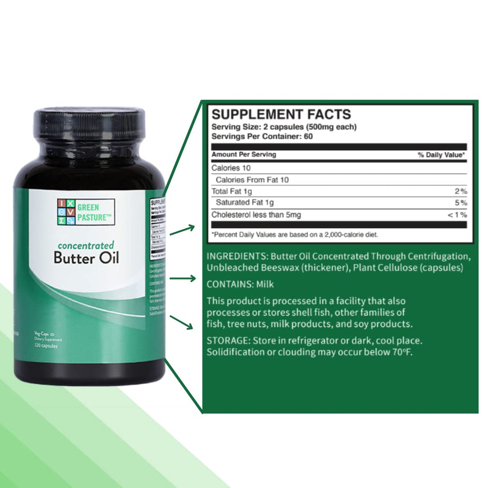 Green Pasture Concentrated Butter Oil Capsules closeup emphasizing easy-to-swallow plant cellulose capsules.