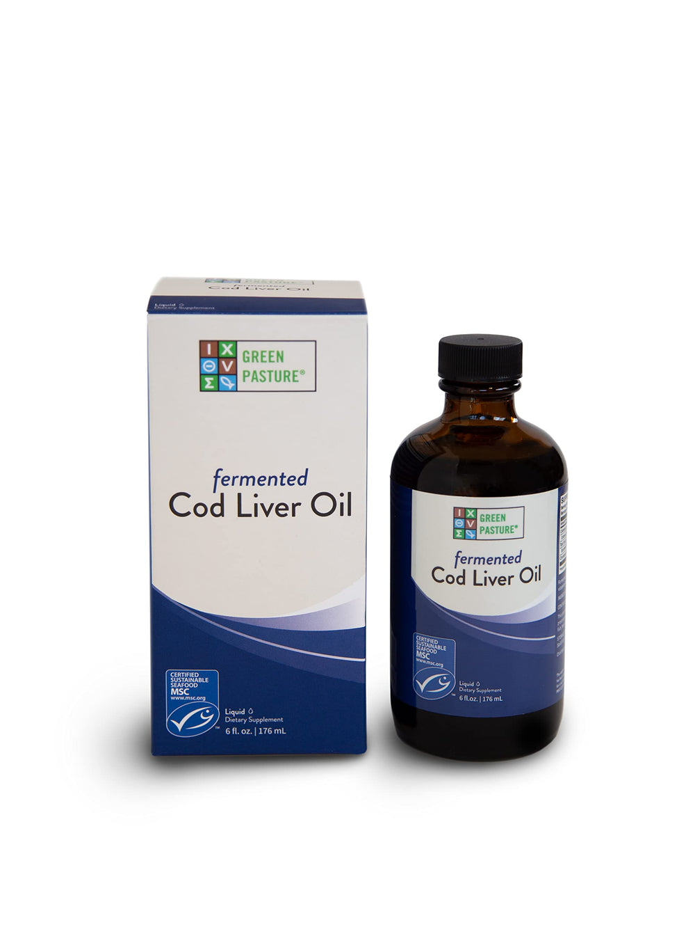 Green Pasture Fermented Cod Liver Liquid bottle for easy daily omega intake.