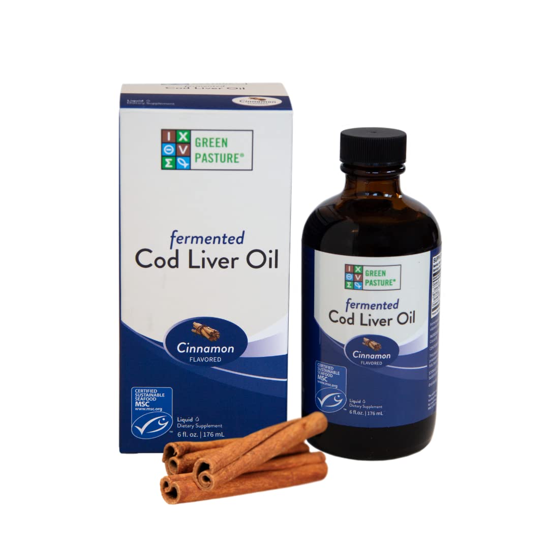 Green Pasture cod liver oil cinnamon bottle ready for daily omega intake.