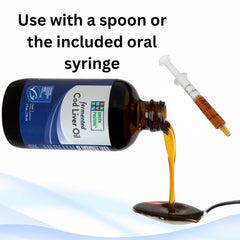 Green Pasture liquid cod liver pour showing simple dosing.
