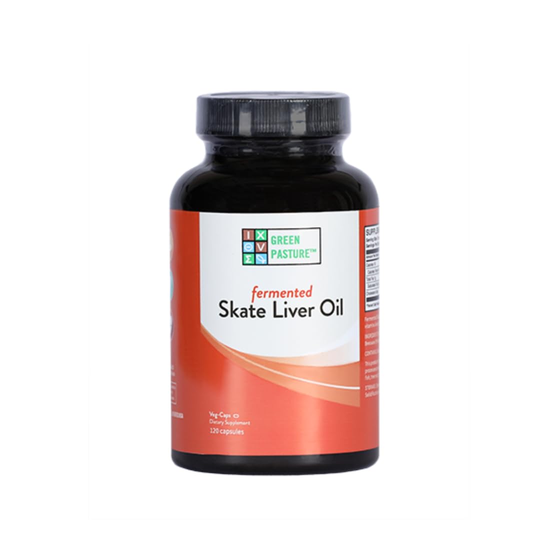 Green Pasture fermented skate liver oil bottle for daily vitality.