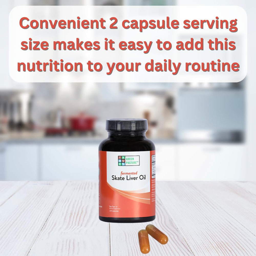 Green Pasture skate liver oil capsules close-up with omega support.