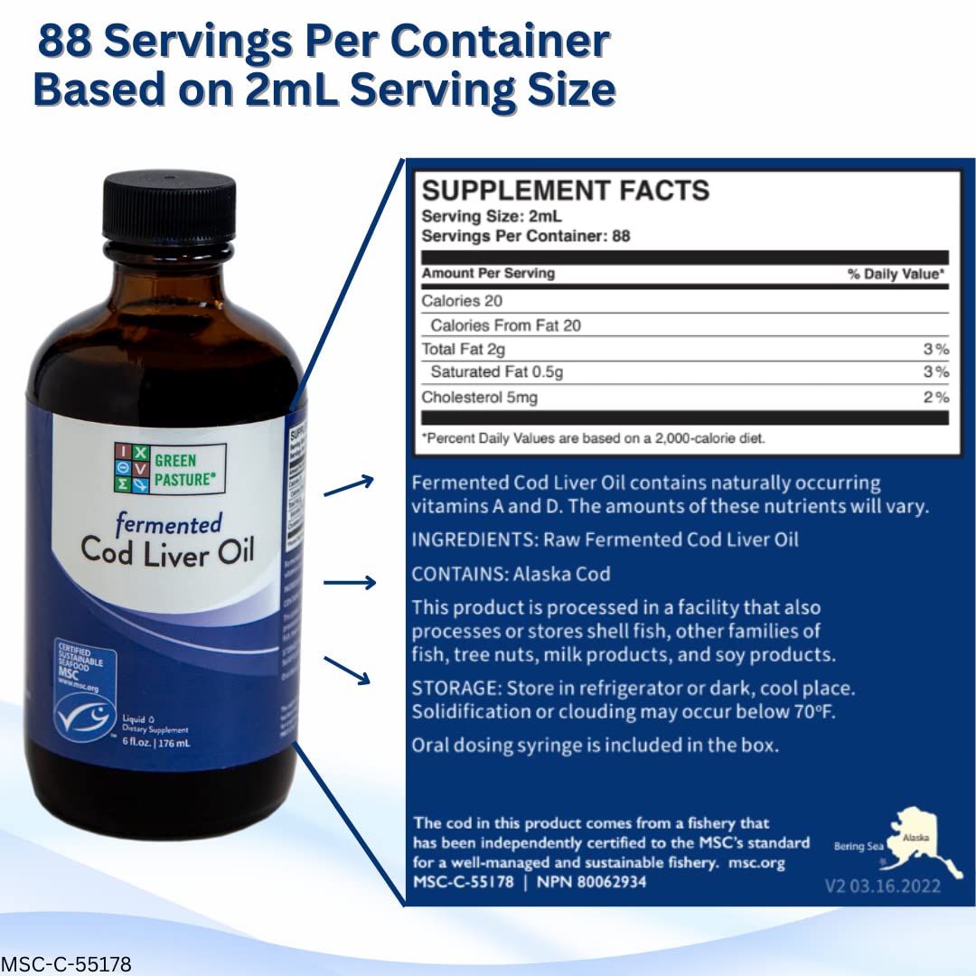 Green Pasture label highlights naturally occurring vitamins A and D and omega content.