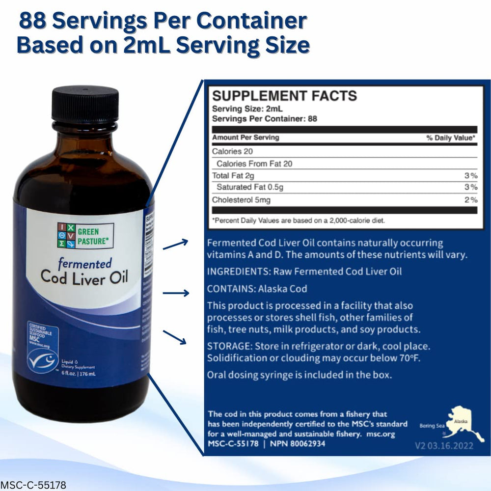 Green Pasture label highlights naturally occurring vitamins A and D and omega content.