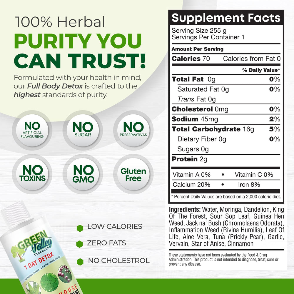 Green Valley Cleanser ingredients Aloe Vera shot indicates soothing digestive comfort.