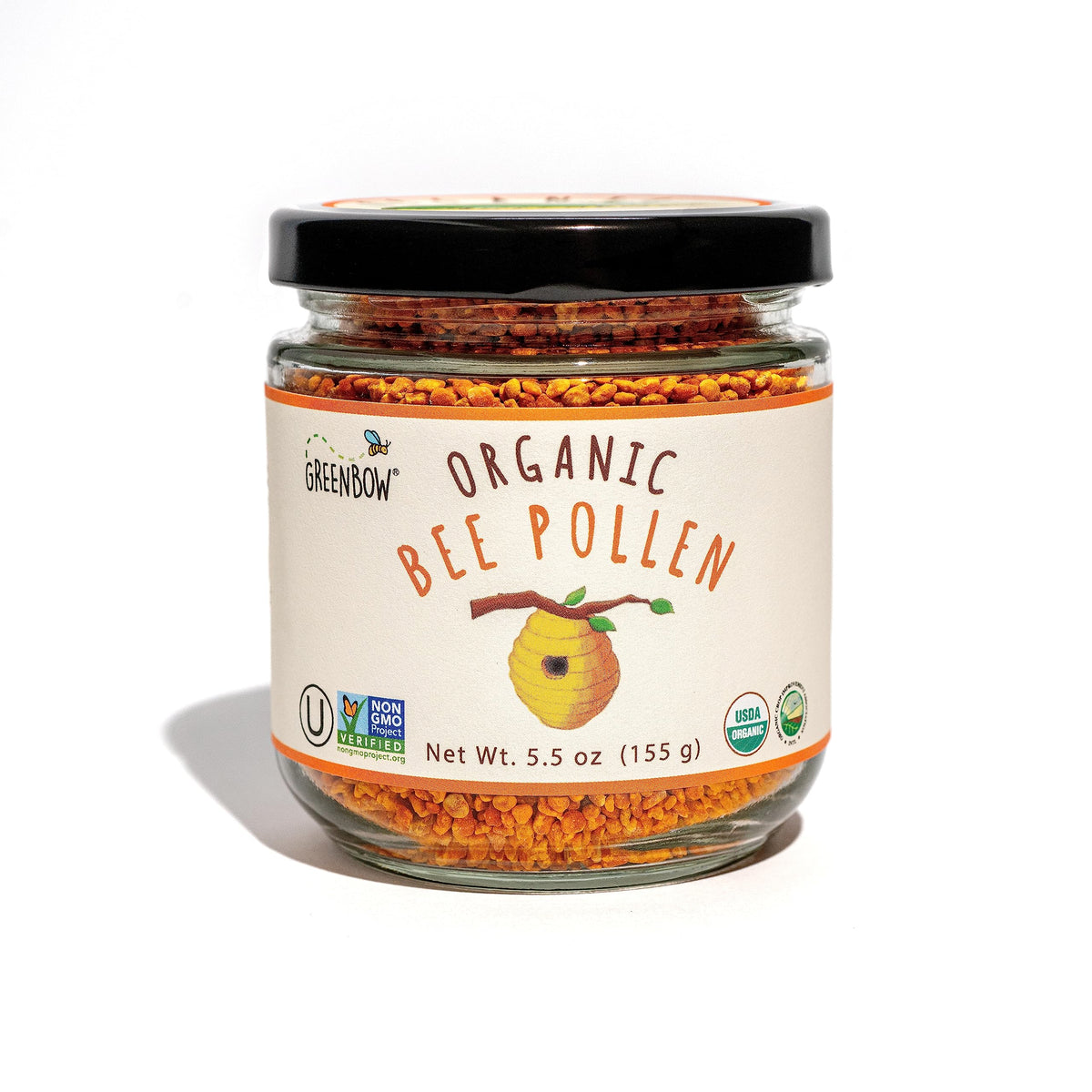 Greenbow Organic Bee Pollen jar close up showing protein rich texture