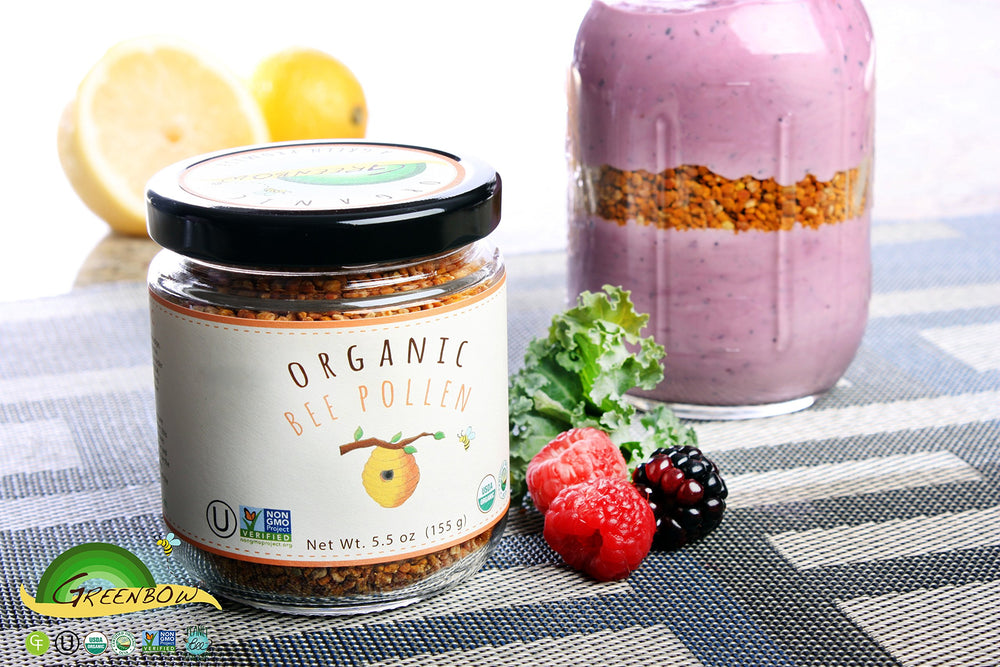 Greenbow Organic Bee Pollen jar beside a breakfast bowl for easy daily use