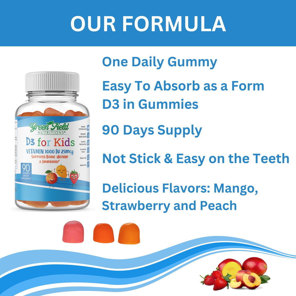 90-count bottle of Greenfield Nutritions vitamin D3 gummies for daily routine.
