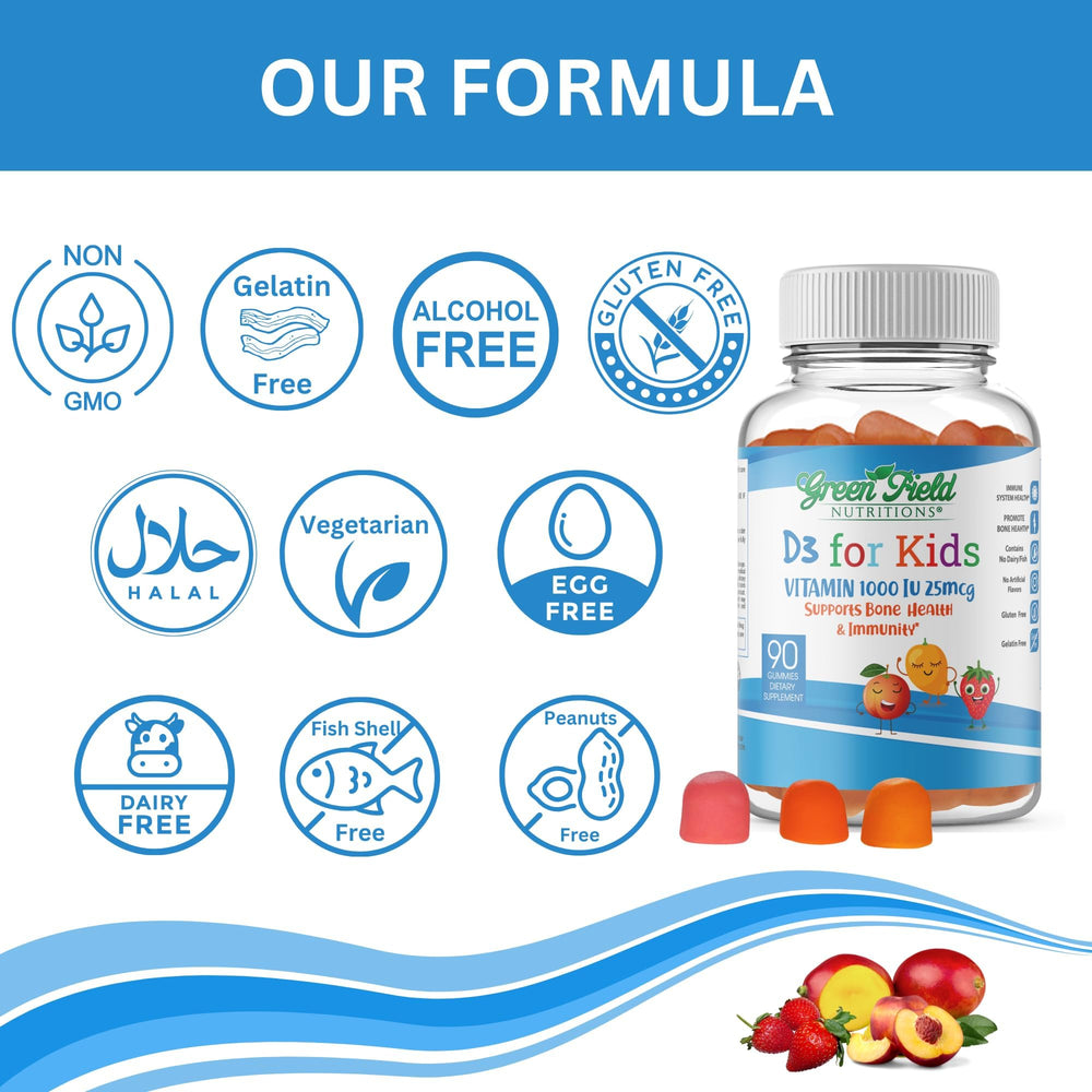 Gelatin-free, non-GMO Greenfield Nutritions vitamin D3 gummies for kids.
