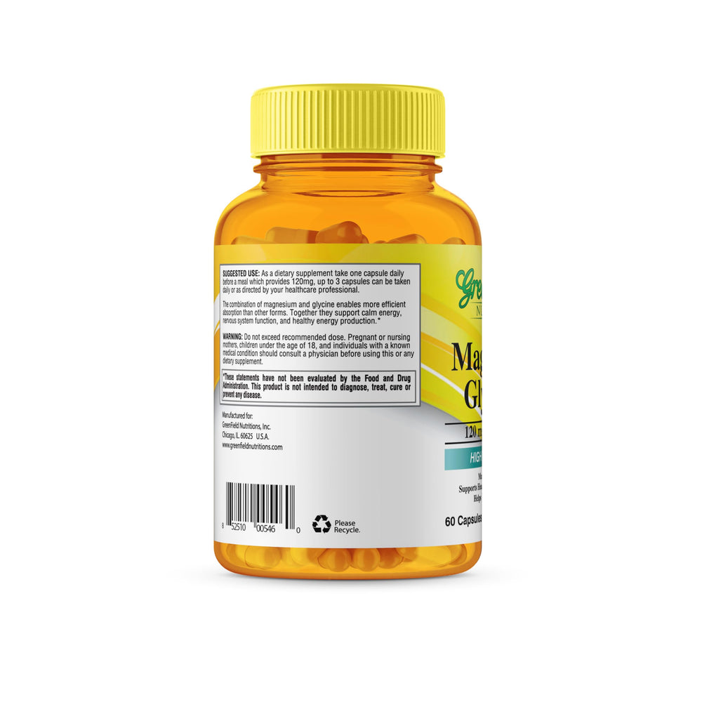 Greenfield Nutritions halal magnesium glycinate bottle no artificial flavors or additives