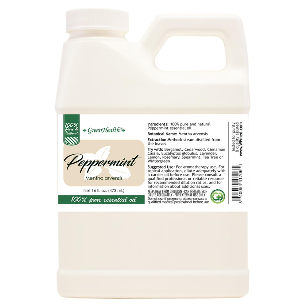 GreenHealth Peppermint Oil bottle front, pure Mentha arvensis for refreshing diffusers.