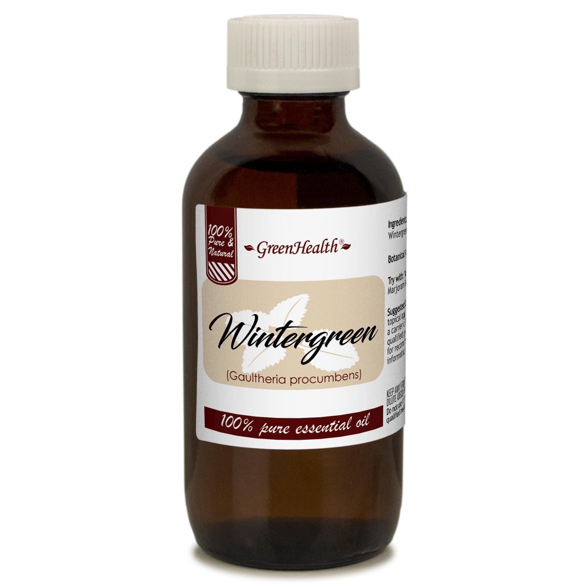 GreenHealth Wintergreen in amber glass bottle closeup highlights light protection.