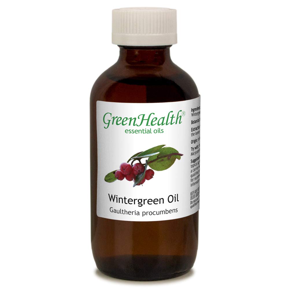 GreenHealth Wintergreen essential oil bottle front showcases the product for diffusers and DIY blends.