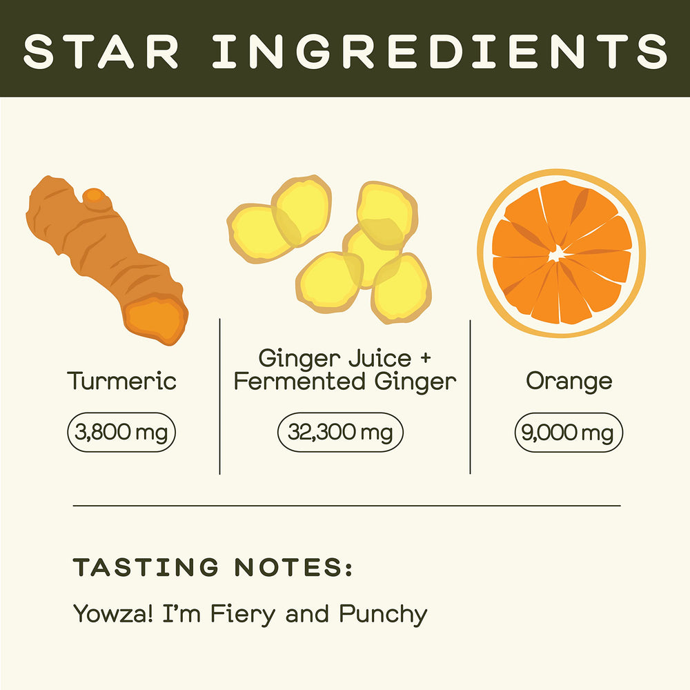 GREENHOUSE JUICE CO ginger turmeric shot splash highlighting bold flavor.