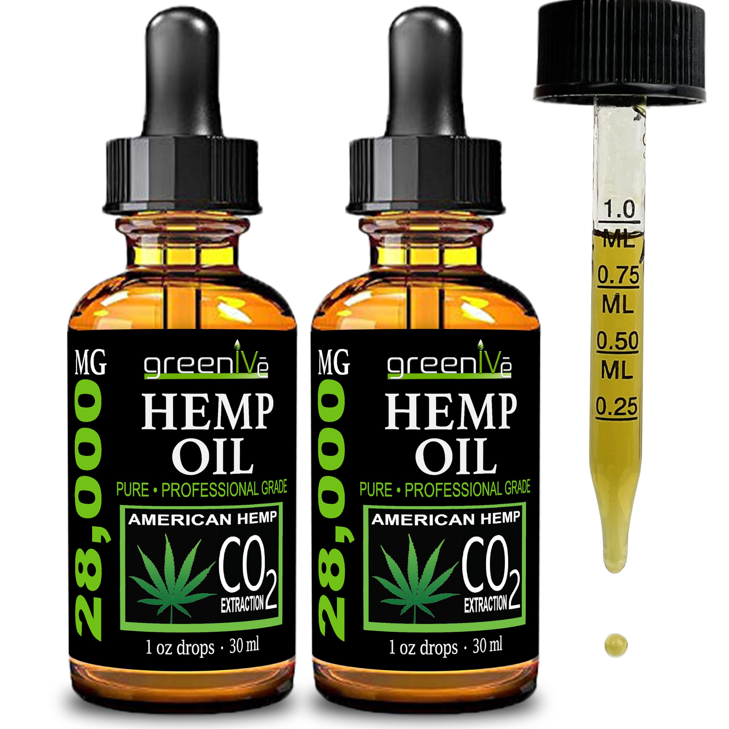 GreenIVe Hemp Oil Drops 28,000mg bottle with glass dropper for potent daily dosing.