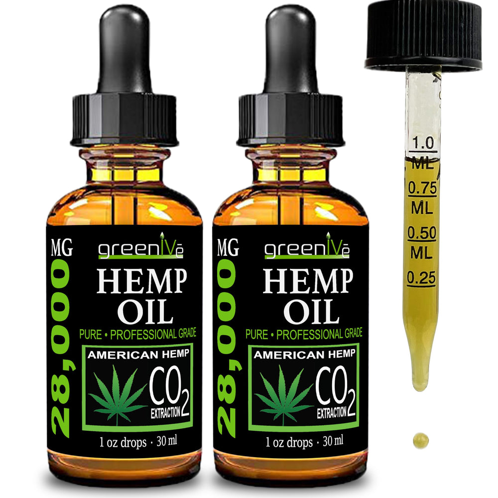 GreenIVe Hemp Oil Drops 28,000mg bottle with glass dropper for potent daily dosing.