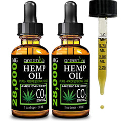 GreenIVe Hemp Oil Drops 28,000mg bottle with glass dropper for potent daily dosing.