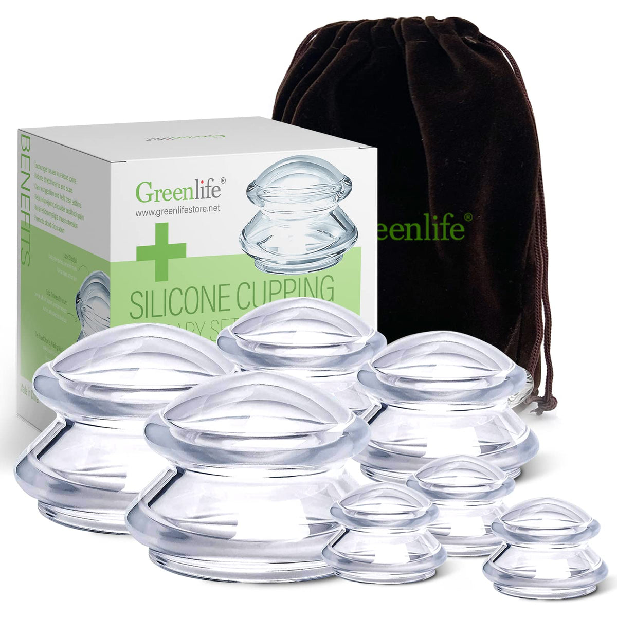 GreenLife cupping therapy seven-cup set for versatile at home massage.
